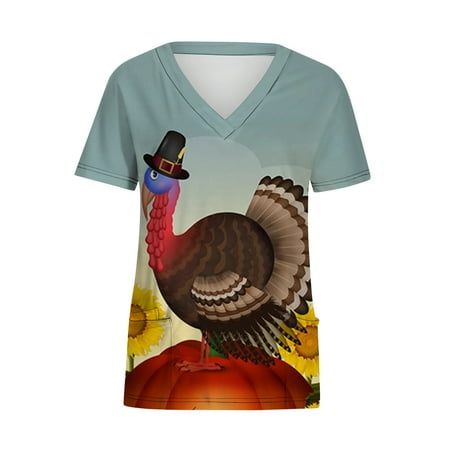 

Women Tops Working Uniform T Shirt Happy Thanksgiving Shirts Short Sleeve V-Neck Graphic Tees Workwear Nursing Scrub Tops with Pockets