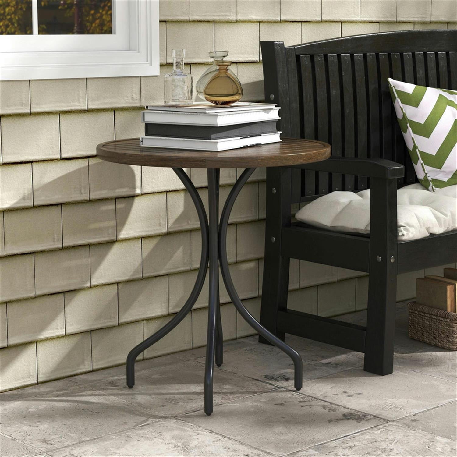Demi Bonn 26" Round Outdoor Side Table, Steel Frame Slat Top, Garden Backyard for Outdoor Dining, Brown