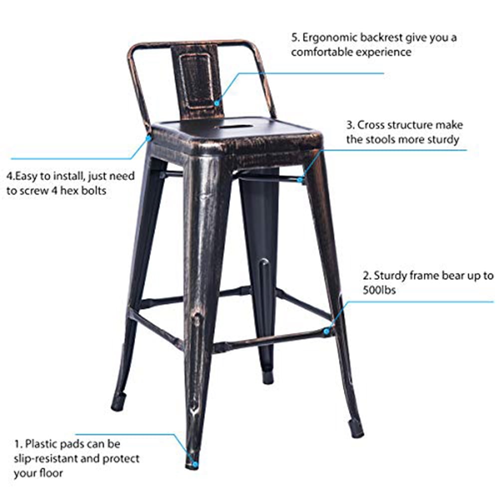 Kepooman 2 Pcs Metal High Bar Stools with with Low Backrest & Footrest, 16.5" L x 16.5" W x 32.5" H, Golden Black Kepooman 2 Pcs Metal High Bar Stools with with Low Backrest & Footrest, 16.5" L x 16.5" W x 32.5" H, Golden Black