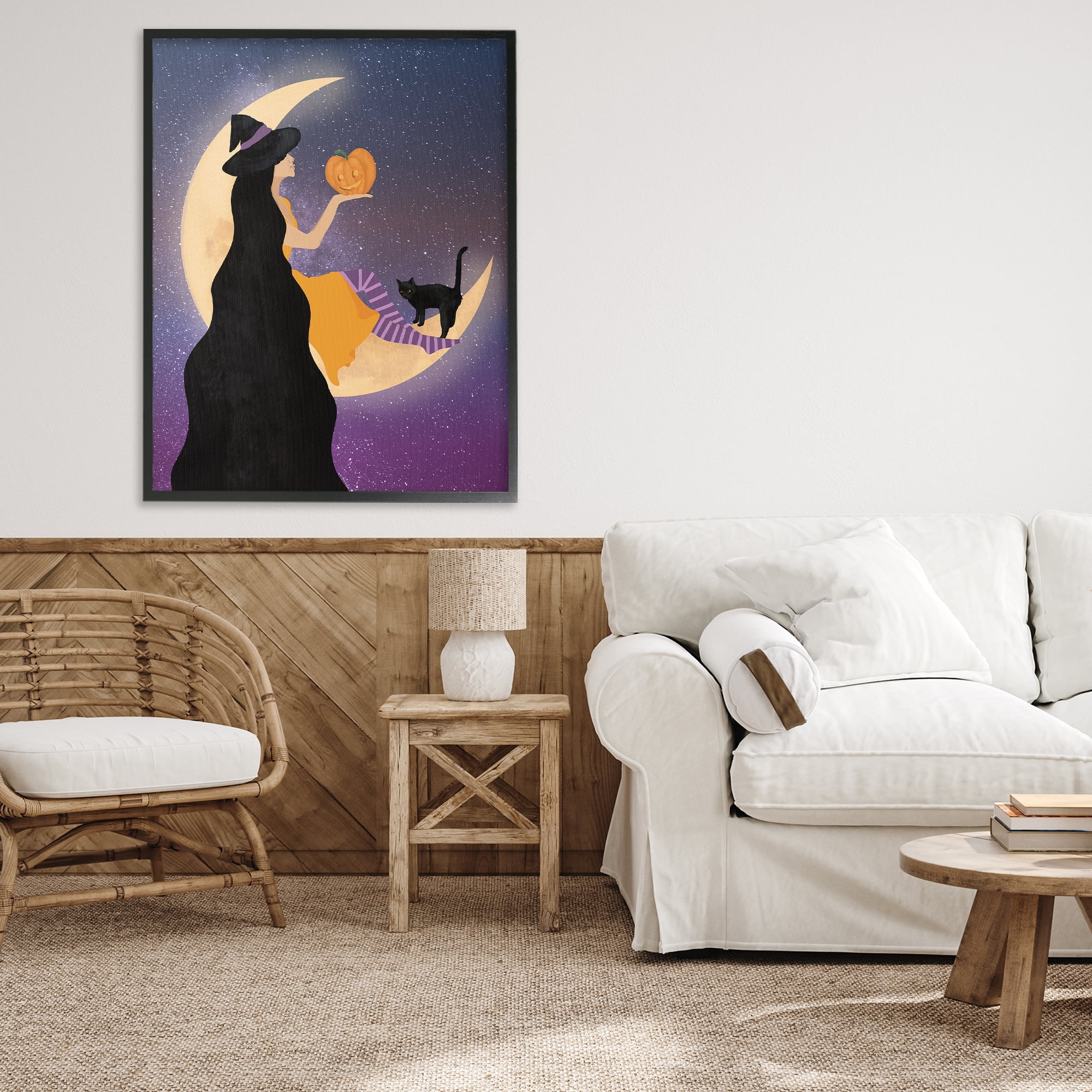 Stupell Industries Moonlit Witch Holding Jack-o-Lantern Black Framed Giclee Art, design by Daniela Santiago