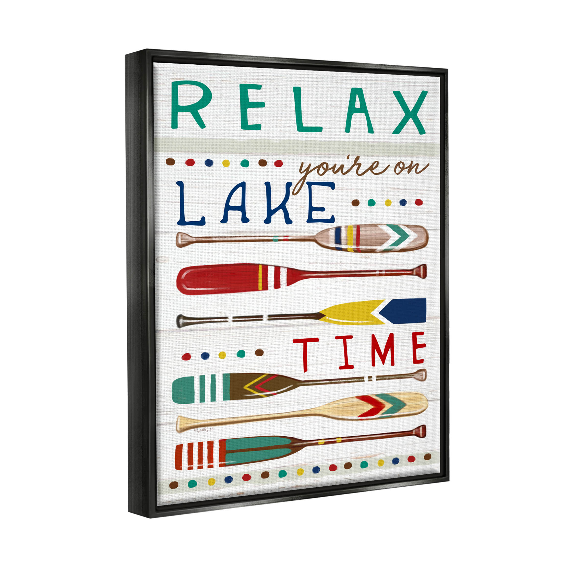 Stupell Industries Relax Lake Time Rustic Oars Graphic Art Jet Black Floating Framed Canvas Print Wall Art, Design by Elizabeth Tyndall