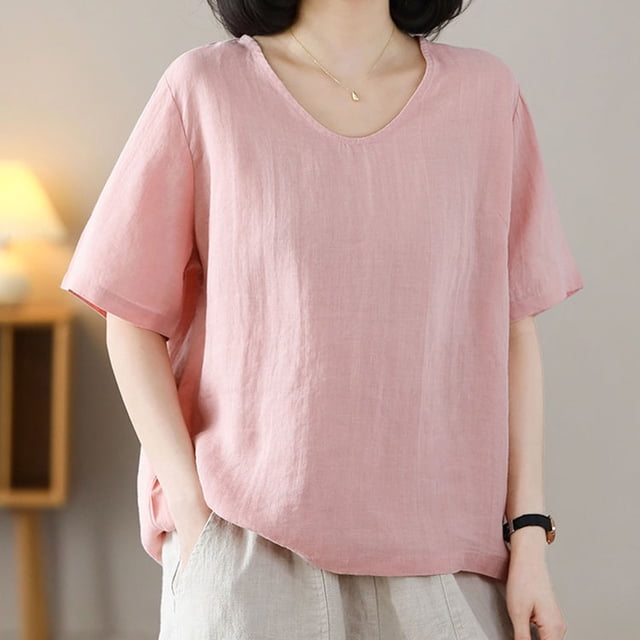 UPPADA Blouses en Coton et Lin pour Femmes de Moins de 15 Décontractées à Manches 3/4 Col Ras du Cou Chemises d'Été de Plage par-Dessus Fluides Mignonnes Tuniques Hauts Chauve-Souris Couleur Unie Coupe Ample Hauts Rose,m