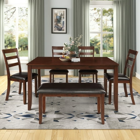 Home Design Ideas Dining Room Harper&Bright Designs 6-piece Dining Room Table Set with 4 Ladder Chairs and Bench, Brown ()