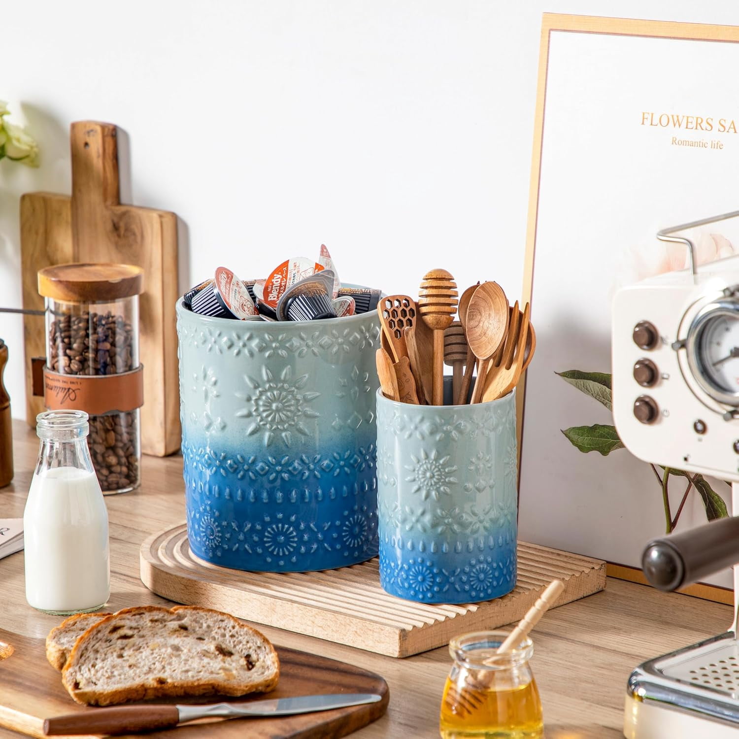 KitchenKey Utensil Holder, 7.2"+5.4" Ceramic Utensil Holder for Countertop, Large Cooking Utensil Crocks for Kitchen Counter, Farmhouse Utensil Vase for Housewarming, Kitchen Decor, Set of 2, Oceans