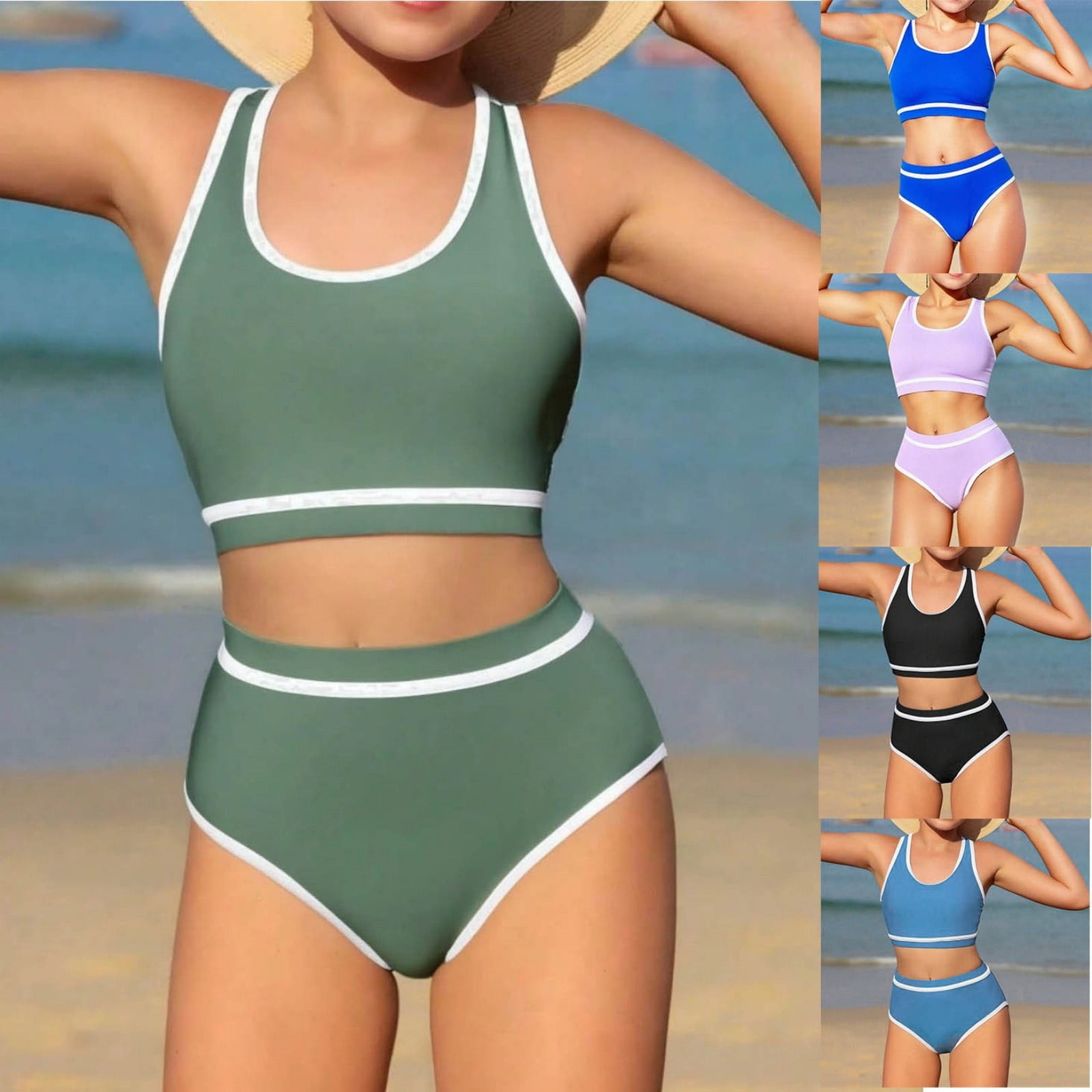 Xiaoxatg Girls Swimsuit Color Block Sporty Bikini Sets with Cover Up Skirt 3 Piece Bathing Suit Size 8-9 Years Army Green