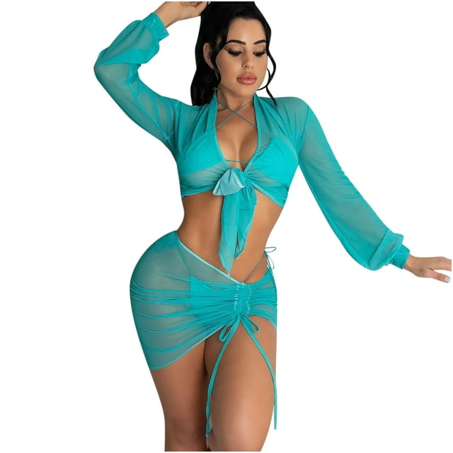Leutsin Women's Solid Color Net Yarn Sunscreen Set Swimsuit Four Piece Set