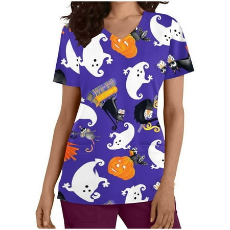 

purcolt Plus Size Halloween Scrubs for Women Women s Pumpkin Cat Skulls Print Scrubs Tops Short Sleeve V-Neck Nurse Workwear Working Uniform Loose Comfy Medical Blouse T-Shirts with Pockets