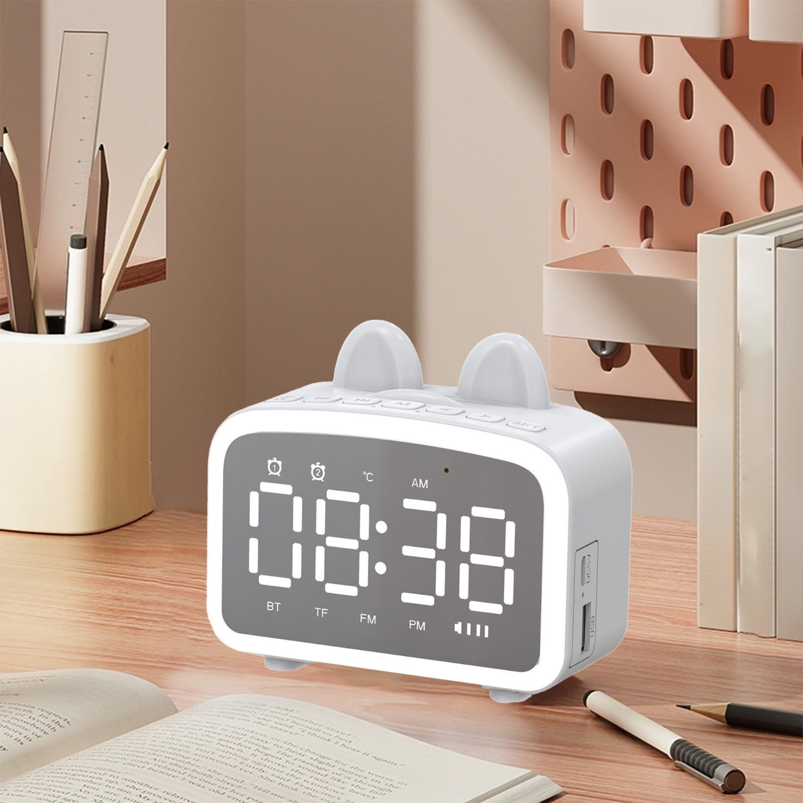 PUREKKI Multifunctional Desktop Bluetooth Speaker with Alarm Clock, FM Radio, SD Card Playback, Hands-Free Calling, Compact Size for Bedside and Office Use