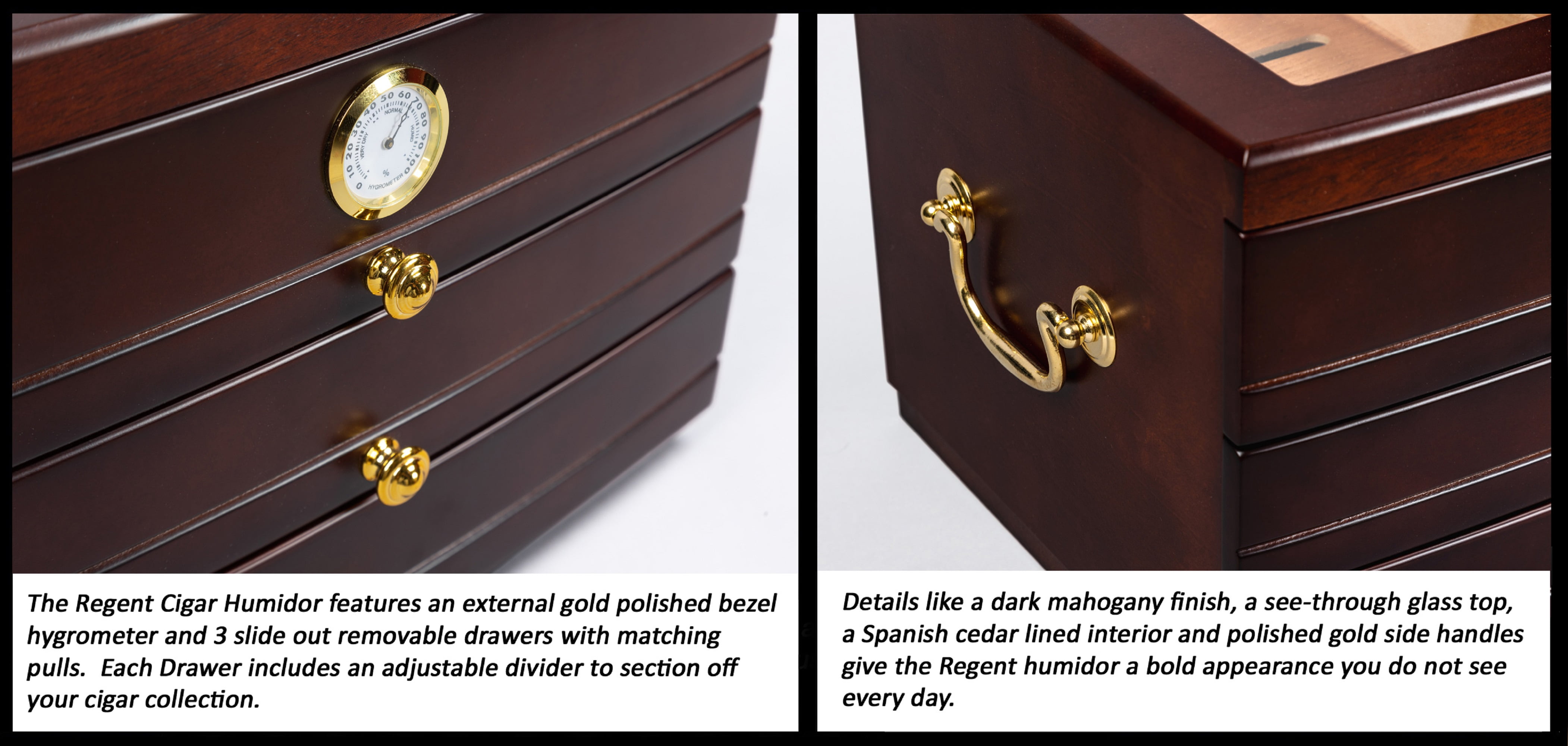 Regent Glass Top Cigar Humidor w/ 3 Drawers - Dark Mahogany Finish - Capacity: 75