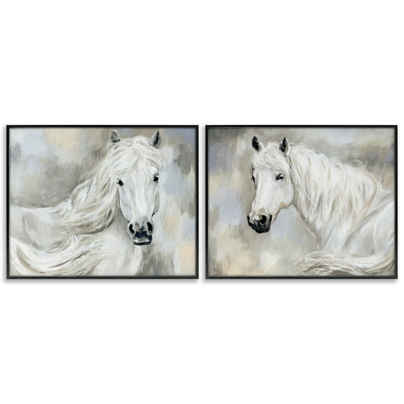 Stupell Industries Charming White Horses Animals Painting Black Framed Art Print Wall Art, 14 x 11, Set of 2