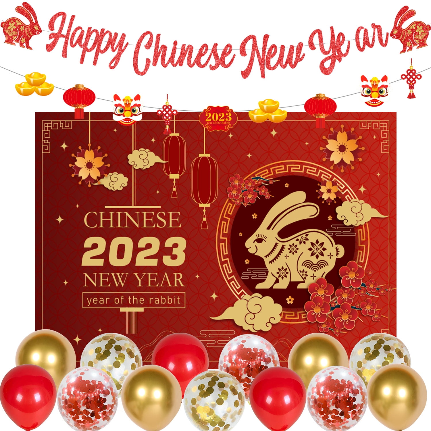 Chinese New Year Decoration 2023, Happy Chinese New Year Banner Garland and  Latex Balloon Set, Chinese 2023 New Year Background for New Year  Celebration Party Decoration 