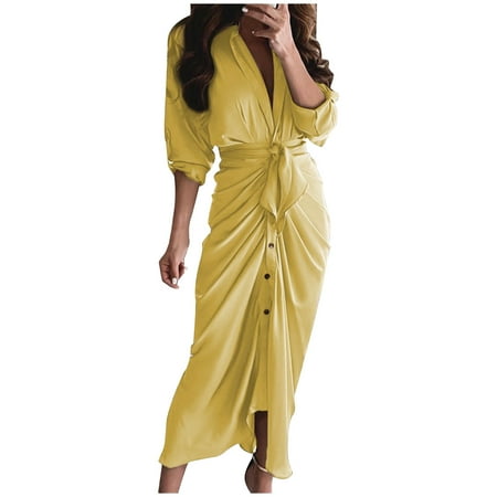 

REORIAFEE Womens Dresses Nightgown Dress Summer Long Sleeve Solid Button Fork Opening Dress Yellow S