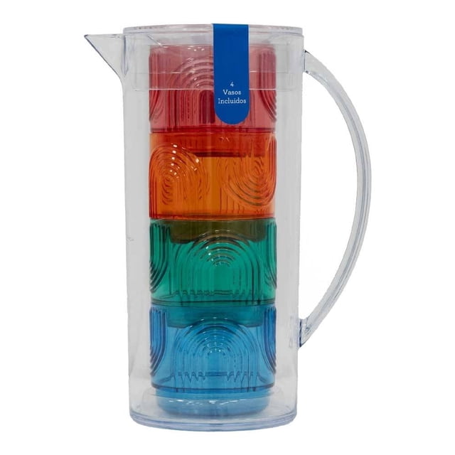 jarra way to celebrate plástico asa tapa 3 litros vasos multicolor 5 piezas jarra transparente de 3 litros con asa lateral, tapa y pico vertedor; cuatro vasos apilados dentro en rojo, naranja, verde y azul con patrón estriado circular, material plástico ligero ideal para servir bebidas en casa y reuniones; a menudo se usa también para llevar bebidas frías a pícnics.
