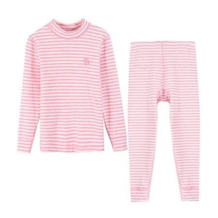 vdgthytj Big Kids Base Layer 2 Piece Sets Long Sleeve Crewneck Pullover Tops and Long Pants Fall Winter Warm Striped Loungewear Outfits(2-3 years Pink)