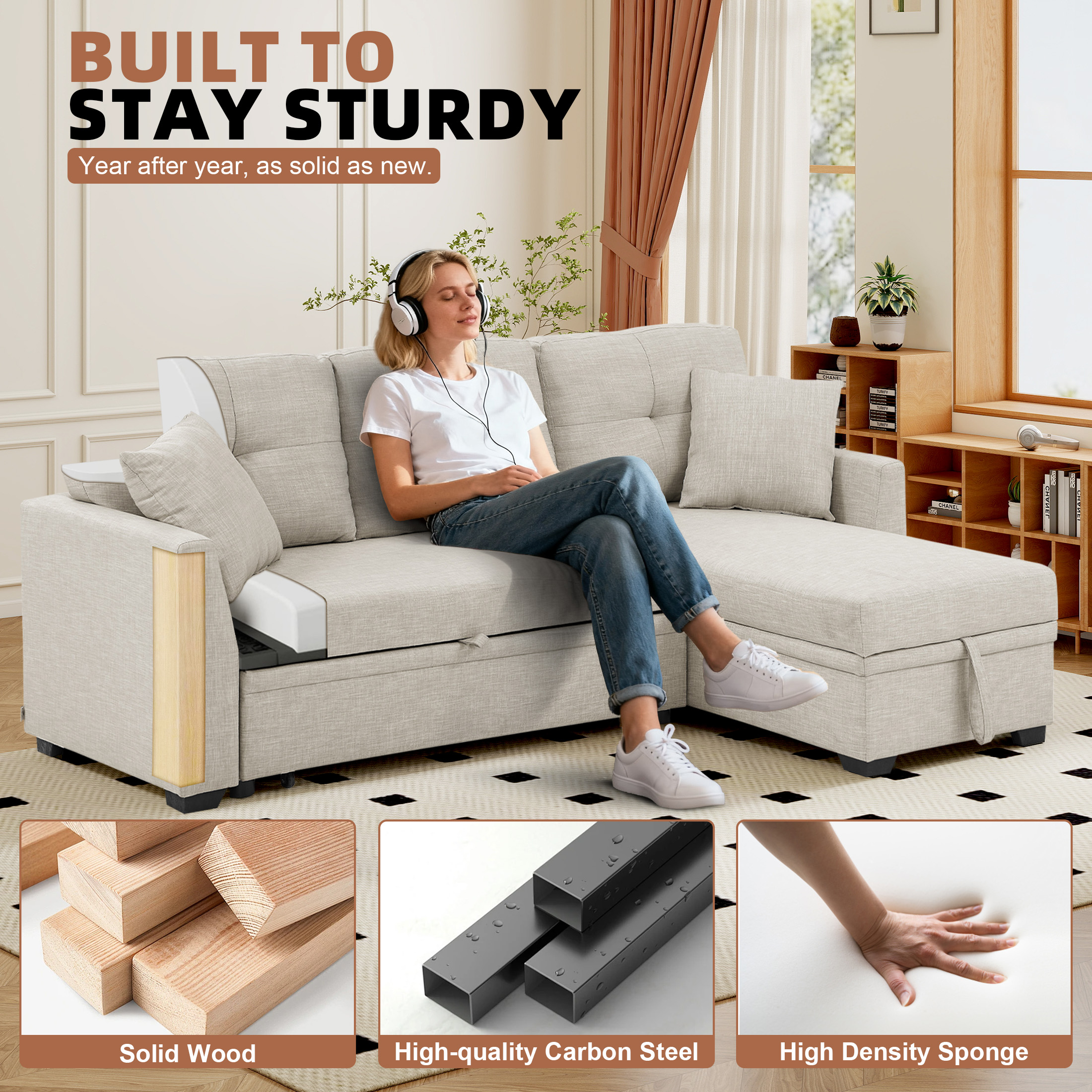 Aukfa Pull-Out Sleeper Sofa Bed with Storage Chaise, Reversible Loveseat for Living Room, Linen, Beige