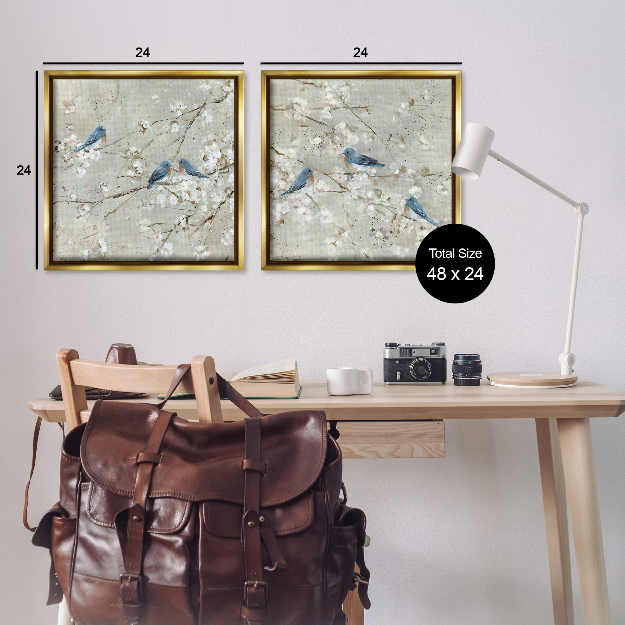 Stupell Industries Blue Birds Perched Tree Blossoms Animals & Insects Painting Gold Floater Framed Canvas Art Print Wall Art, 25 x 25, Set of 2
