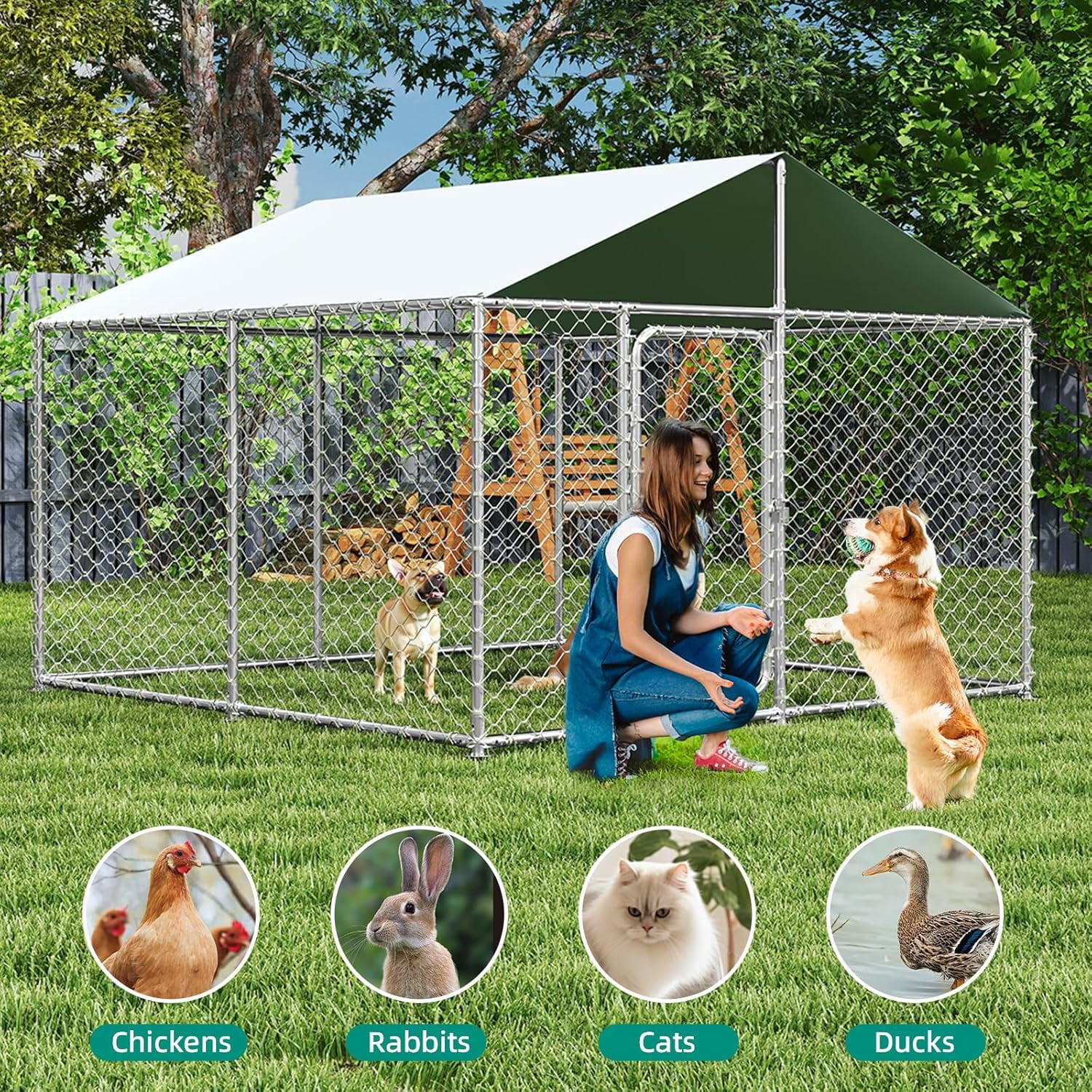 10x10 Outdoor Dog Kennel Outside Heavy Duty Dog Enclosure with Waterproof UV-Resistant Cover and Security Lock (120" Lx120 Wx84 H)