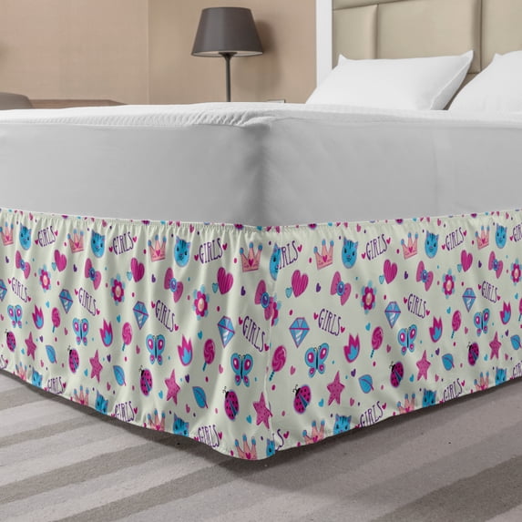 Feminine Bed Skirt, Pattern with Funny Doodle Elements Bowtie Ladybird Diamond and Kitty, Elastic Bedskirt Dust Ruffle Wrap Around for Bedding Decor, 4 Sizes, Fuchsia and Blue, by Ambesonne