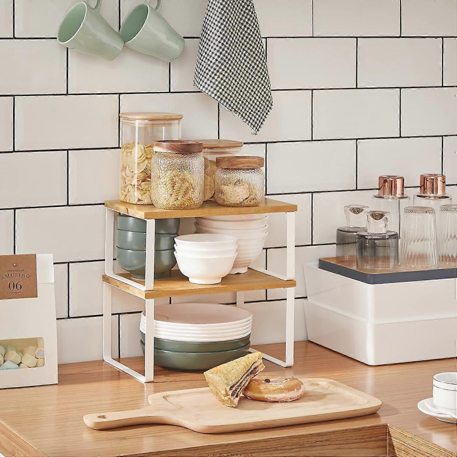 Spice Rack Set of 2 Cupboard Shelf Organiser Expandable Kitchen Shelf Organiser Stackable Spice Holder Metal and Engineered Wood White Walmart