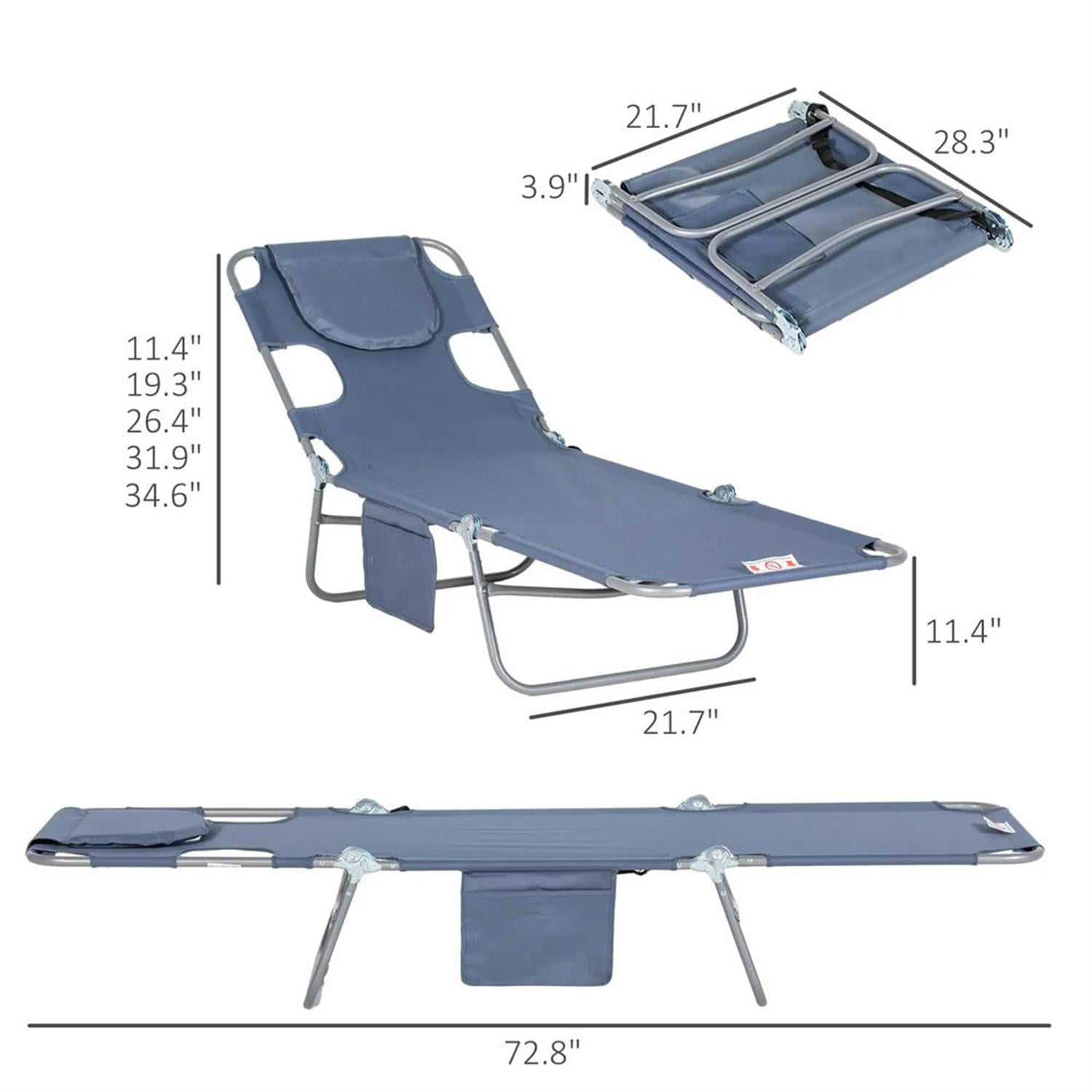 Demi Bonn Outdoor Folding Beach Lounger with Pillow, 5-Position Sun Tanning Chair, Face Hole for Beach, Yard, Patio, Gray