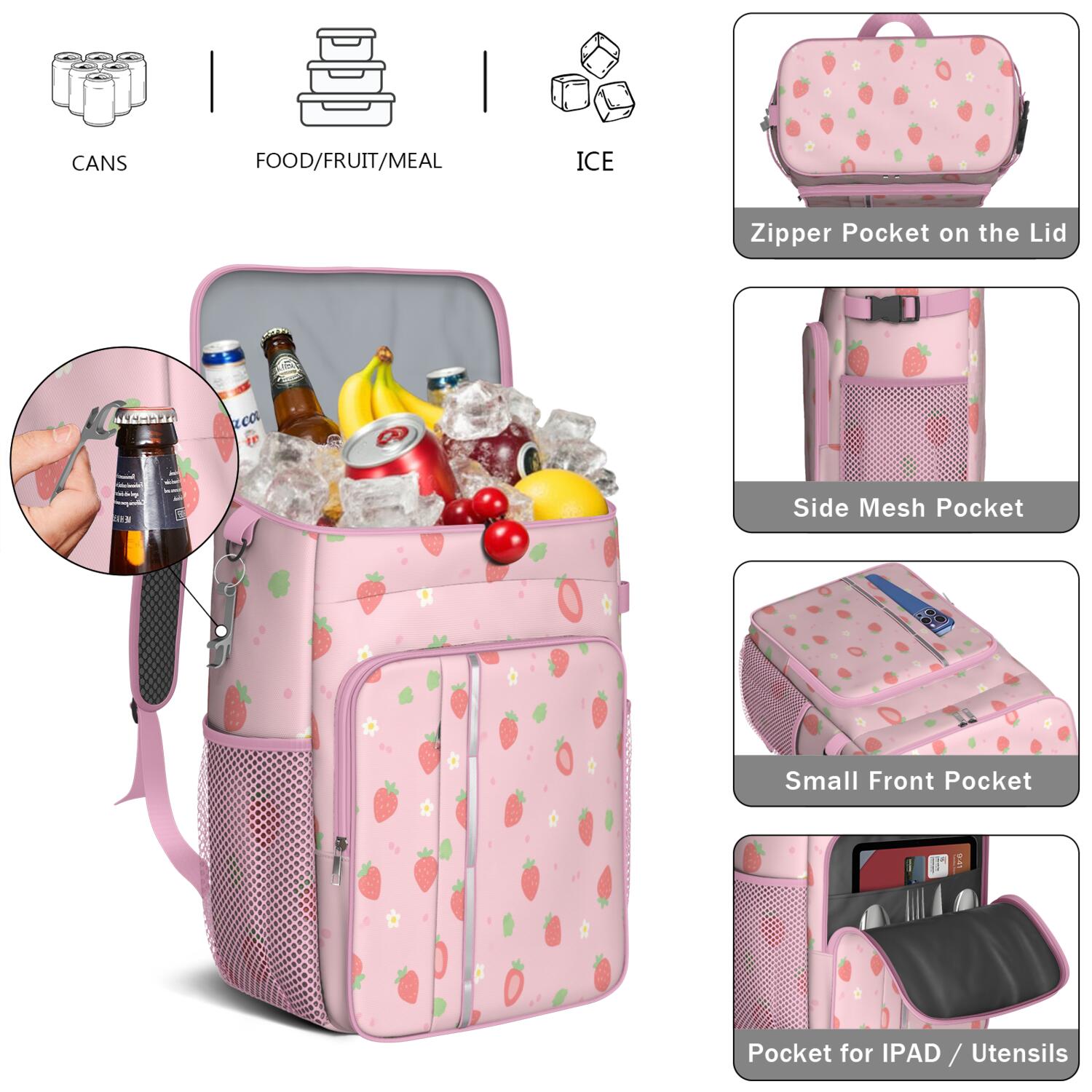Camping Cooler Backpack Cans,Cooler Bag Insulated Leak Proof Travel Cooler Bag Waterproof Lunch Picnic Beach Work Trip Thermal Bag Drink Beverage Beer Bag Cooler Strawberry