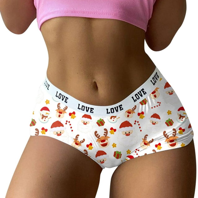 Gibobby Bikini elástico algodón Pantalones cortos con estampado navideño para mujer, ropa interior divertida tipo bóxer, bragas para mujer, pijamas (Blanco, L)