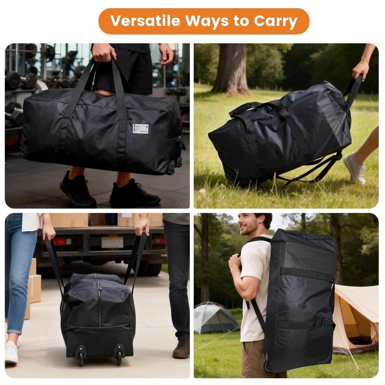 2-Pack 92L Black Heavy Duty Wheeled Duffel Bags, Foldable with Zippers for Moving Travel Storage