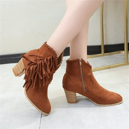 

Akiihool Women s Boots Women s Boots Lace up Mid Calf V Cutout Pointed Toe Stacked Mid Heel Booties (Brown 7.50)