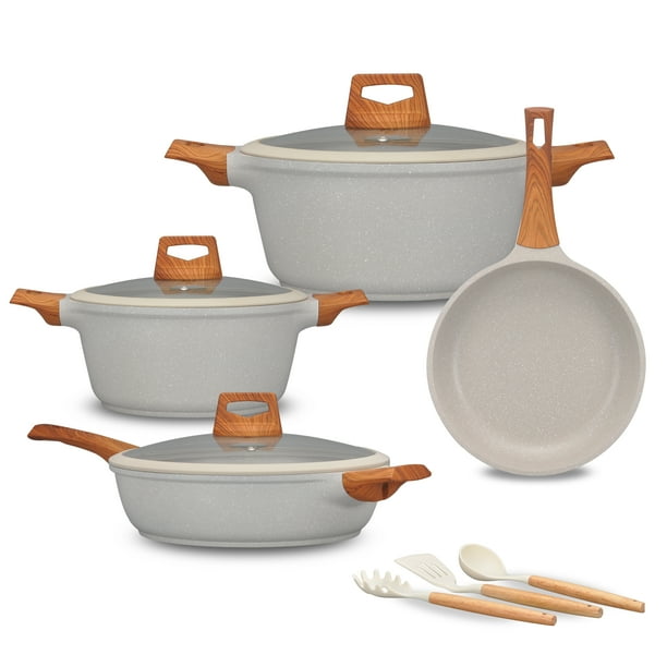 KOCHSTELLE Batería de cocina 10 piezas de aluminio con recubrimiento antiadherente color crema