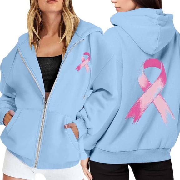 Womens Oversized Zip Hoodie Pink Ribbon Feather Print Cancer Awareness Casual Long Sleeve Hooded Sweatshirt