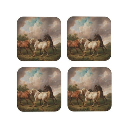 

Junzan Three Horses Oil Painting Print Coasters for Drinks - Leather Coasters Set of 4 for Coffee Table for Housewarming/Kitchen/Bar/Decor-Square