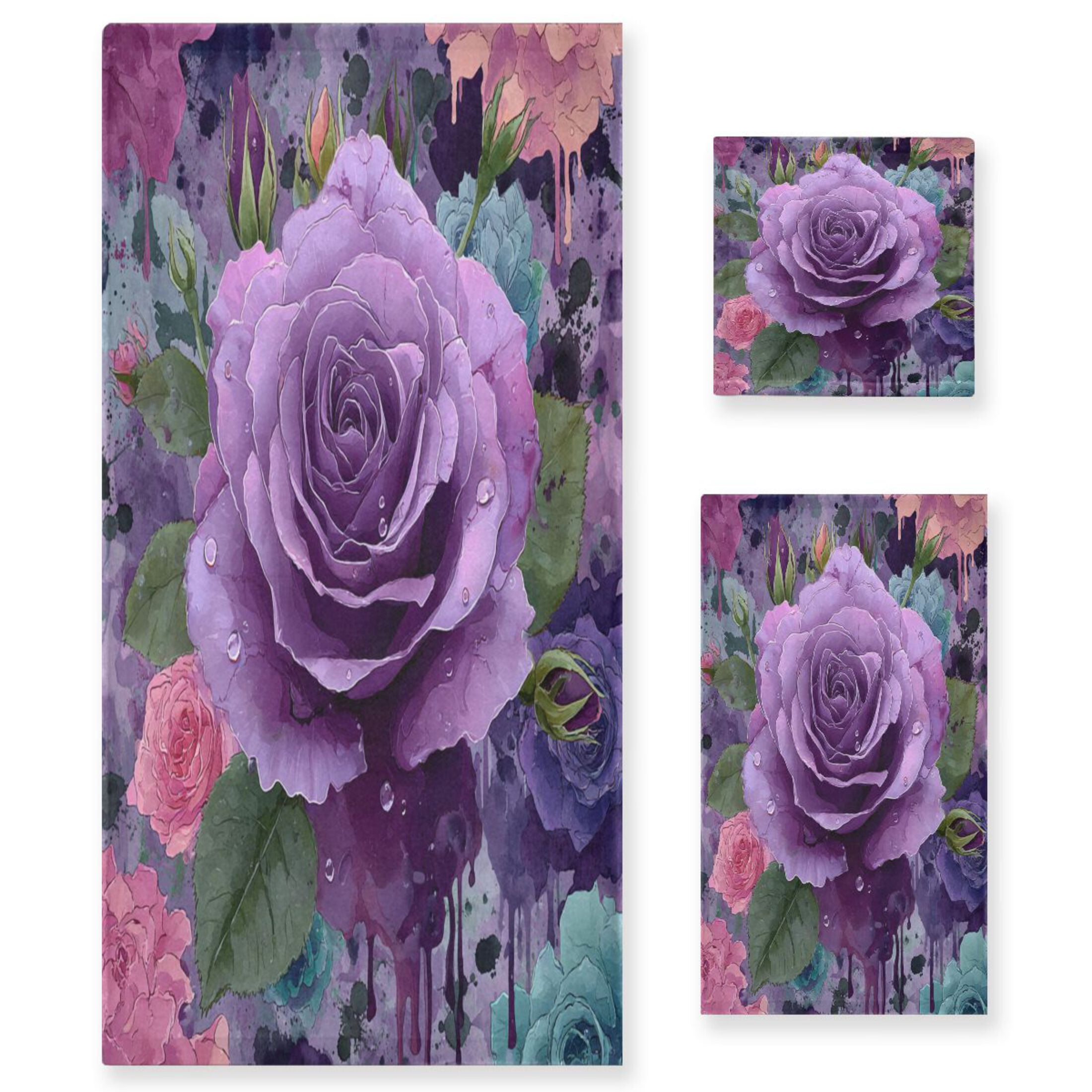 3 Sizes of Towel Sets Including Bath Towel Hand Towel and Washcloth for Daily Use Purple Rose Gradient Painting