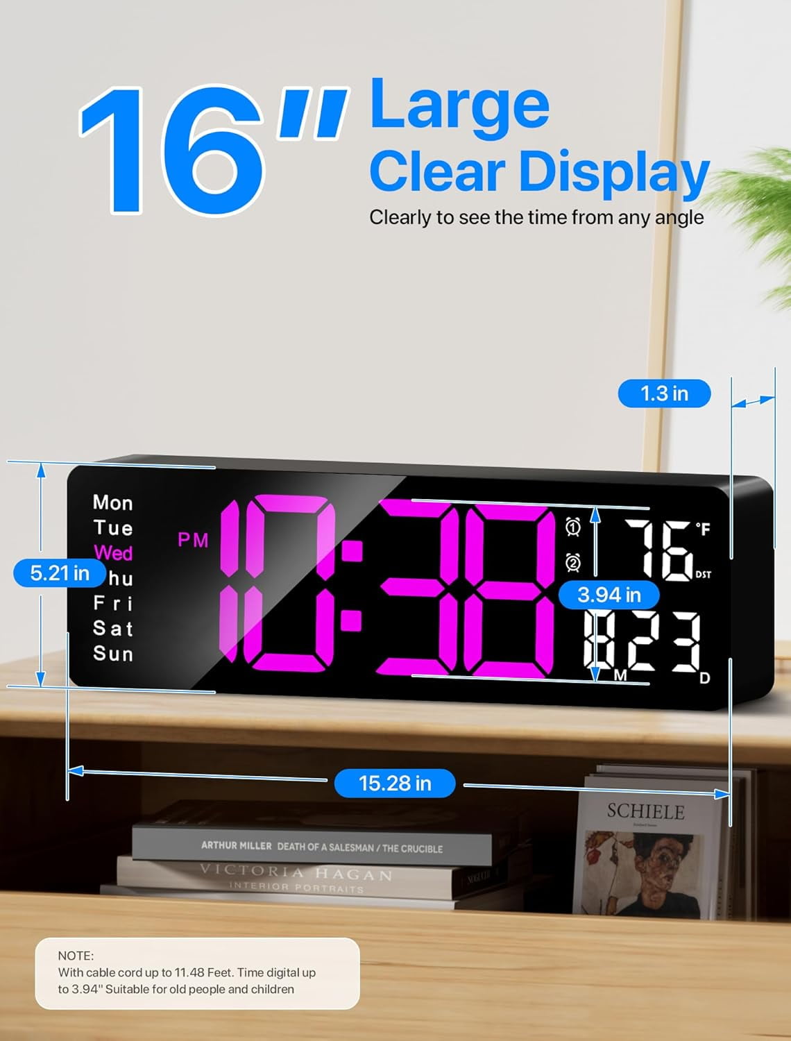 Large Digital Wall Clock with Remote Control, RGB Atmosphere Lights with 11 Scenes Mode, Dual Alarms with Big LED Display, Auto DST, Temperature for Classroom Gaming