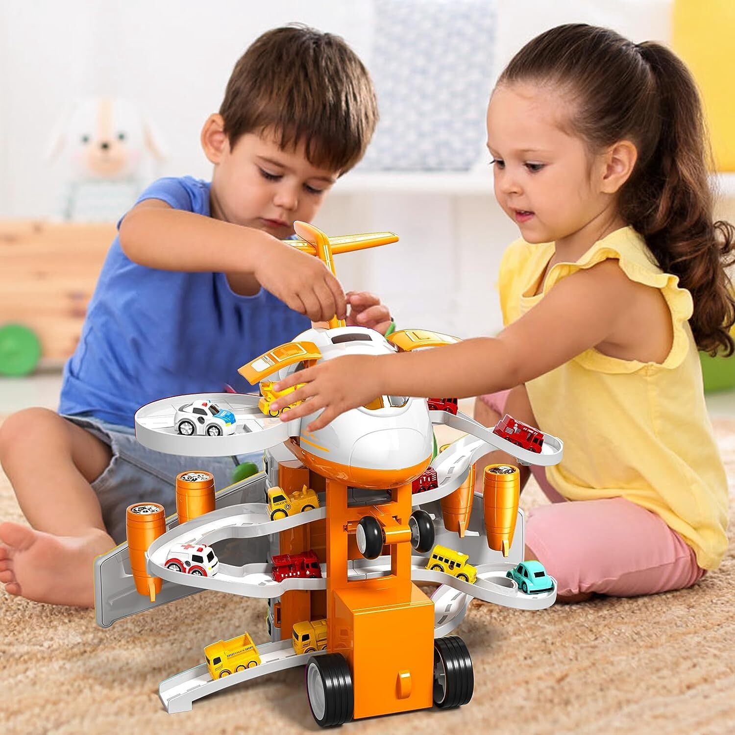 Airplane Toy,Transport Cargo Airplane Toys Music and Airplane Car Toy Play Set, with Vehicle Car Toy 1 Map 1 Barricade for 3+ Yellow