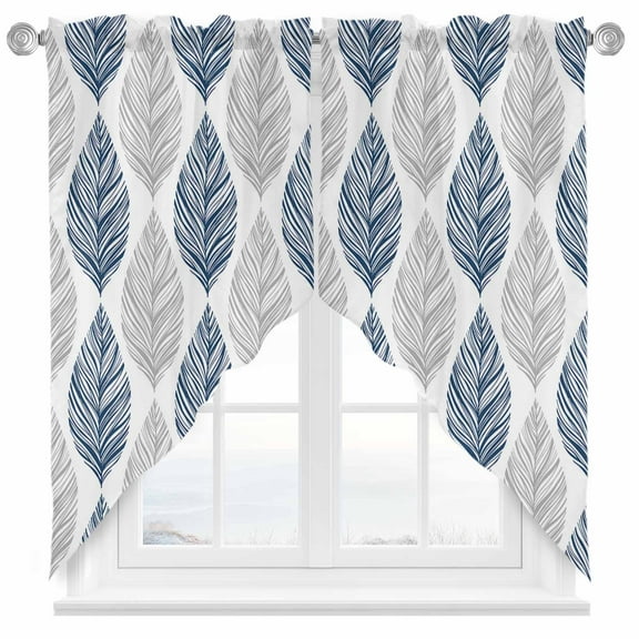 Grey and Swag Valances for Windows 2 Pack Navy Blue Olive Leaf Texture Watercolor Swag Kitchen Curtains 63 Inches Long Rod Pocket Short Window Treatment for Kitchen Bathroom 36"x63"
