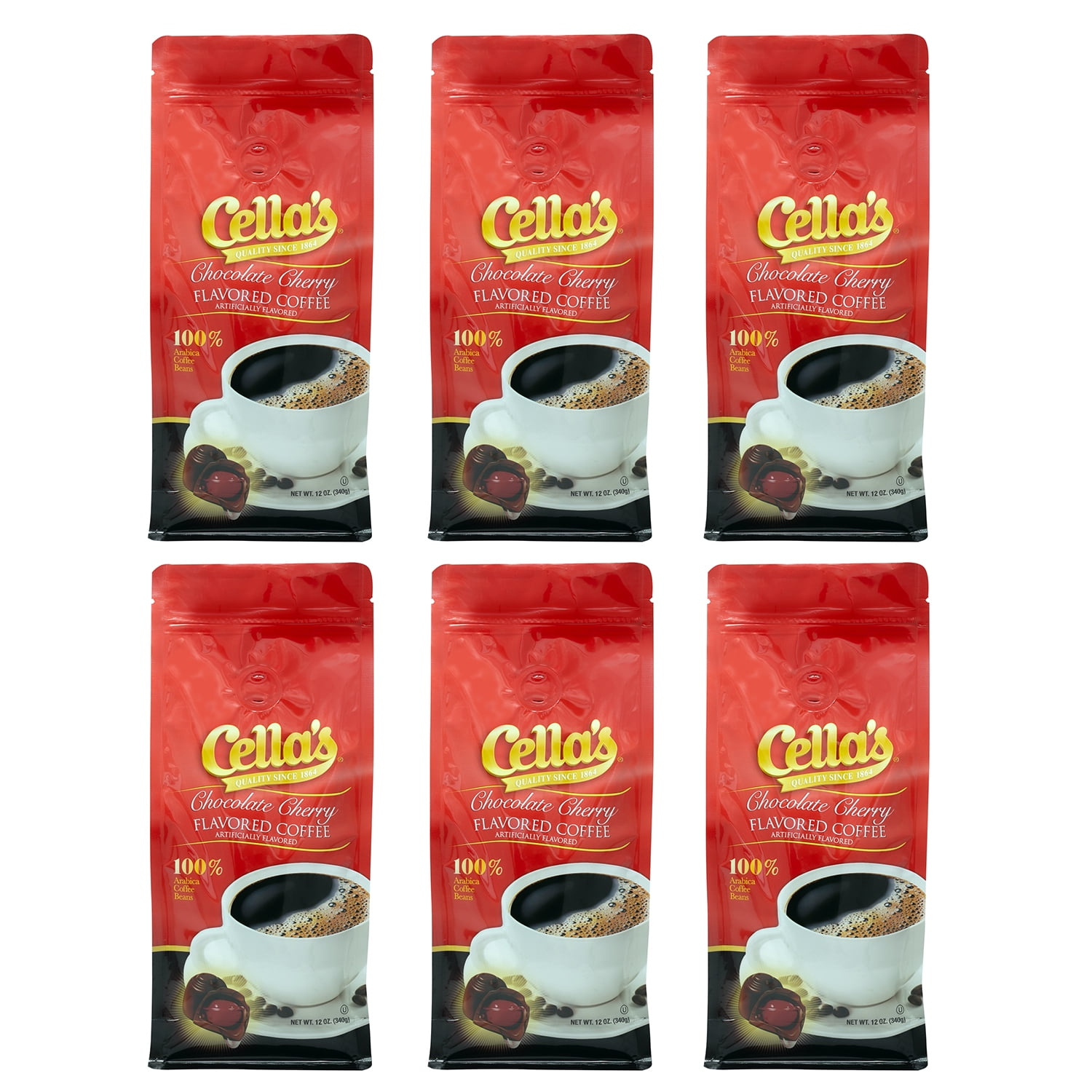 Cellas Chocolate Cherry Flavored, Medium Roast, GROUND Coffee, Six - !2 ounces Bags