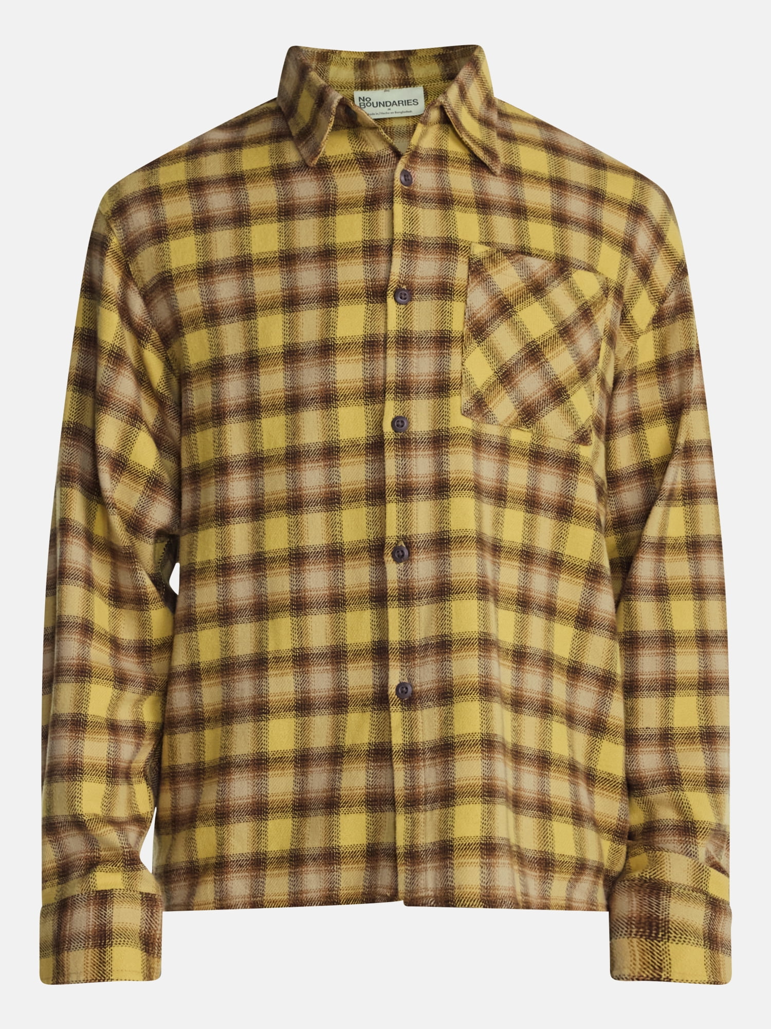 No Boundaries Boxy Cotton Plaid Flannel with Long Sleeves, Men's and Big Men's XS-4XLT