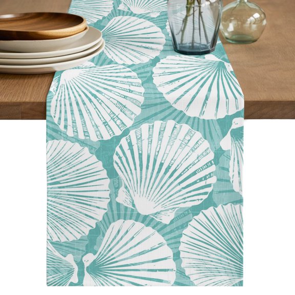 Table Runners 120 Inches Long Dress Scarves, Teal Scallop Coastal Farmhouse Coffee/Dining/Kitchen Table Decor Table Runner for Living Room, Summer Beach Nautical 13x120 Inch