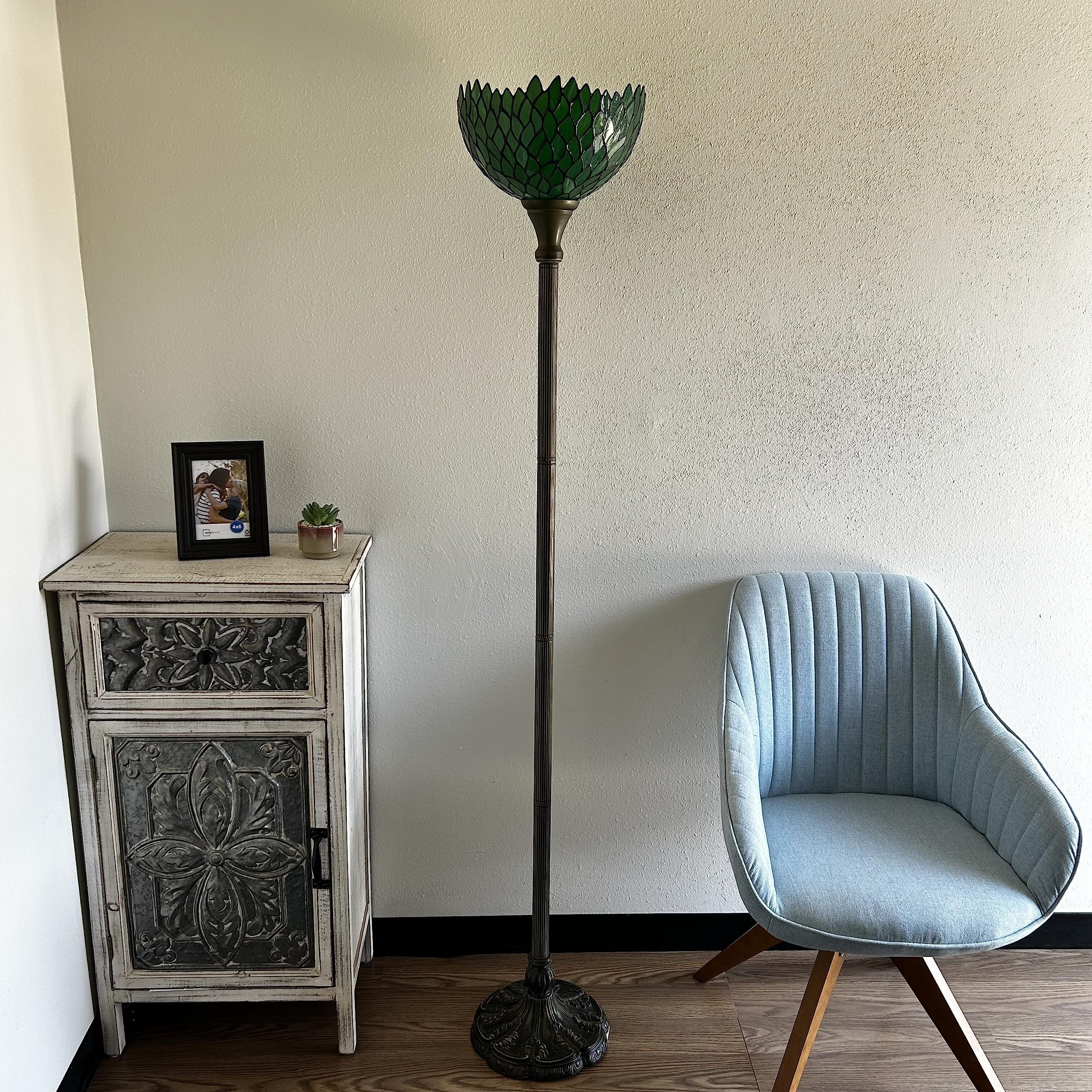 Tiffany Torch Floor Lamp Green Leaves Stained Glass LED Bulb Included for Living Room Dining Room Bedroom Office Hotel 12"W*12"D*66"H