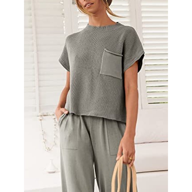 Women's Two Piece Outfits Sweater Sets Knit Pullover Tops and High Waisted  Pants Tracksuit Lounge Sets - Walmart.com