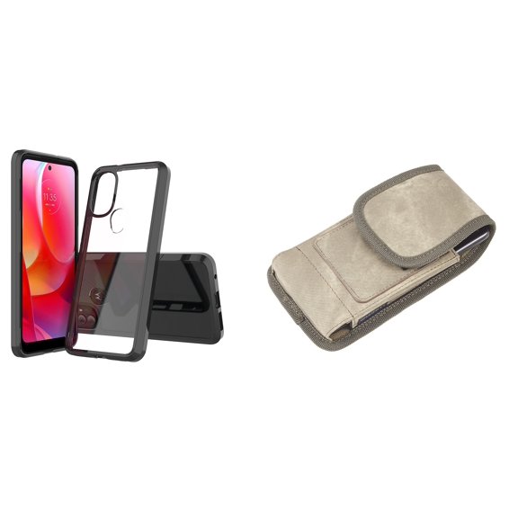 Bemz Case Bundle for Moto G Power 2022 - Fusion Impact Resistant Protection Cover (Black/Clear Back) with Vertical Nylon Belt Holster Phone Carrying Pouch (Brown)