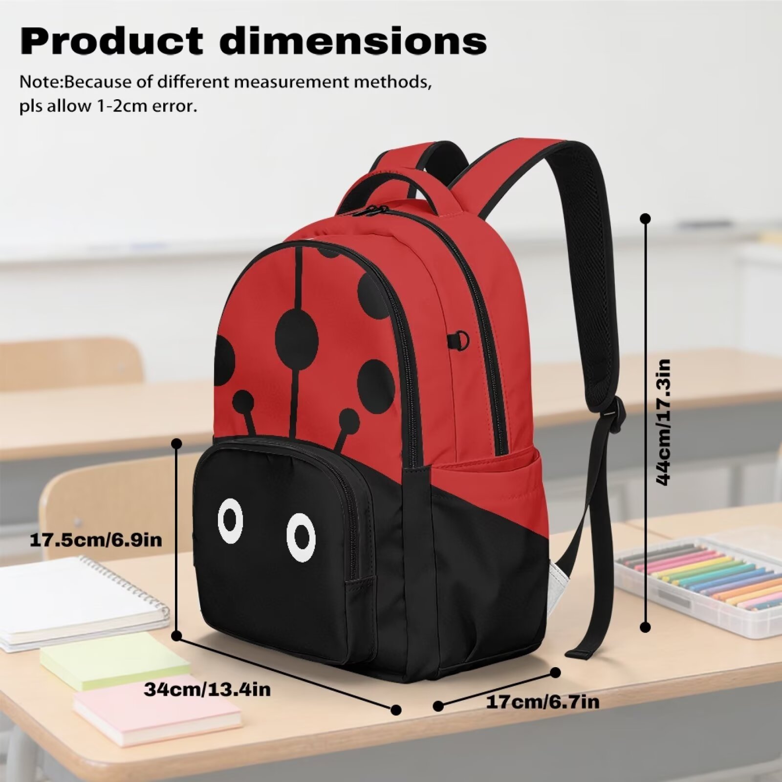 Mochila escolar de 17 pulgadas para niños, espaciosa, con múltiples bolsillos, estampado de mariquita, ligera 7