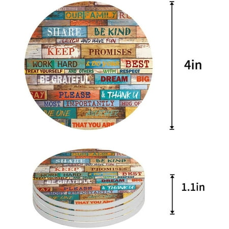 

KXMDXA Family Rules on Wood Plank Set of 6 Round Coaster for Drinks Absorbent Ceramic Stone Coasters Cup Mat with Cork Base for Home Kitchen Room Coffee Table Bar Decor
