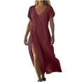 thumbnail image 3 of Plus Size Women's Dress Solid Color Maxi Dresses with Cotton Linen Short Sleeved V-neck Side Slit Dress Side Pockets Long Skirt Summer Vacation Holiday Beach Party S-XXL, 3 of 7
