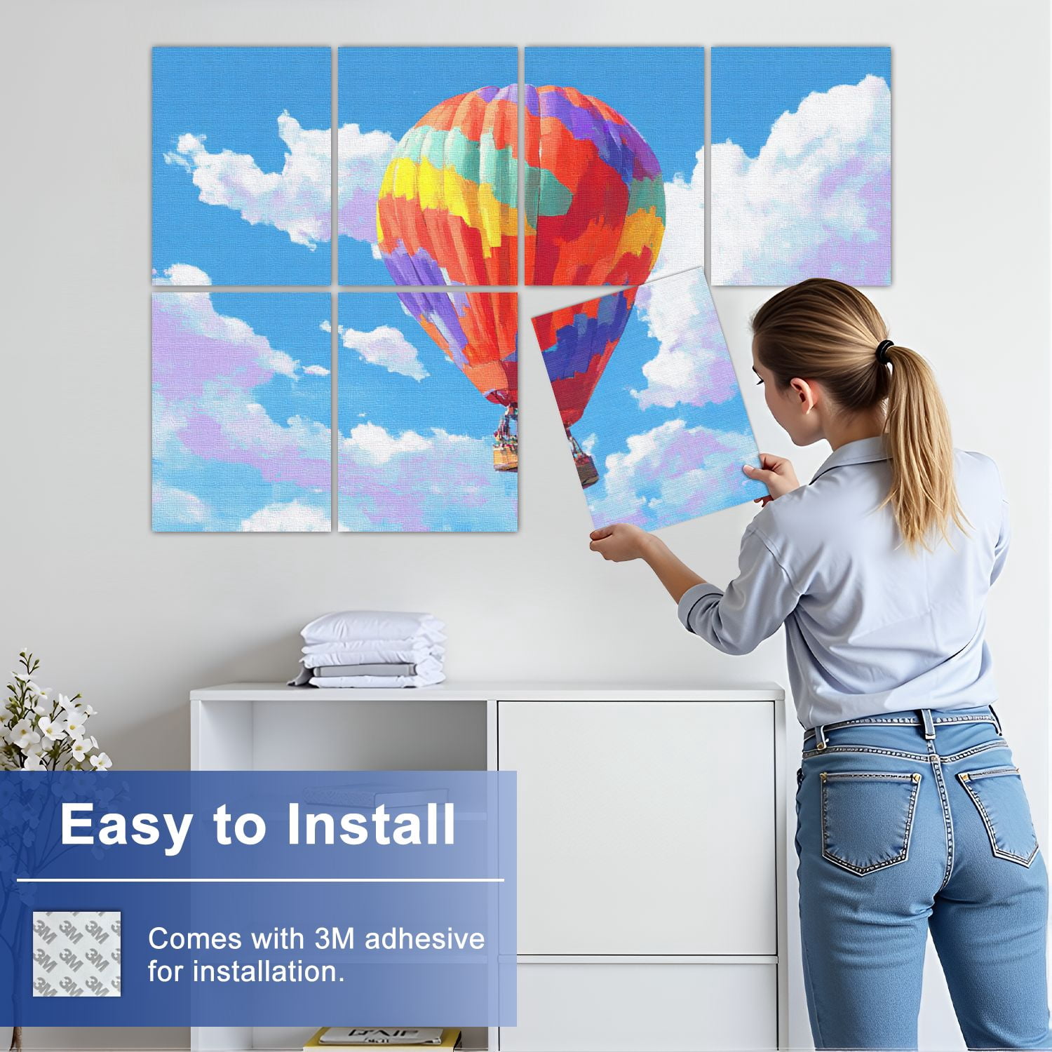 8 Pack Art Acoustic Panels Sound Absorbing Hot Air Balloon Landscape Embroidery Rhinestone Decorative Soundproof Wall Panels Self Adhesive for Nursery Game Room Bedroom 48"x32"