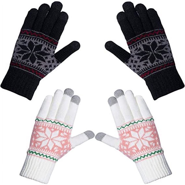 2 pares de guantes de invierno cálidos para pantalla táctil para mujer, tejidos, suaves, con bonito patrón de Elaphurus, blanco/gris, talla única