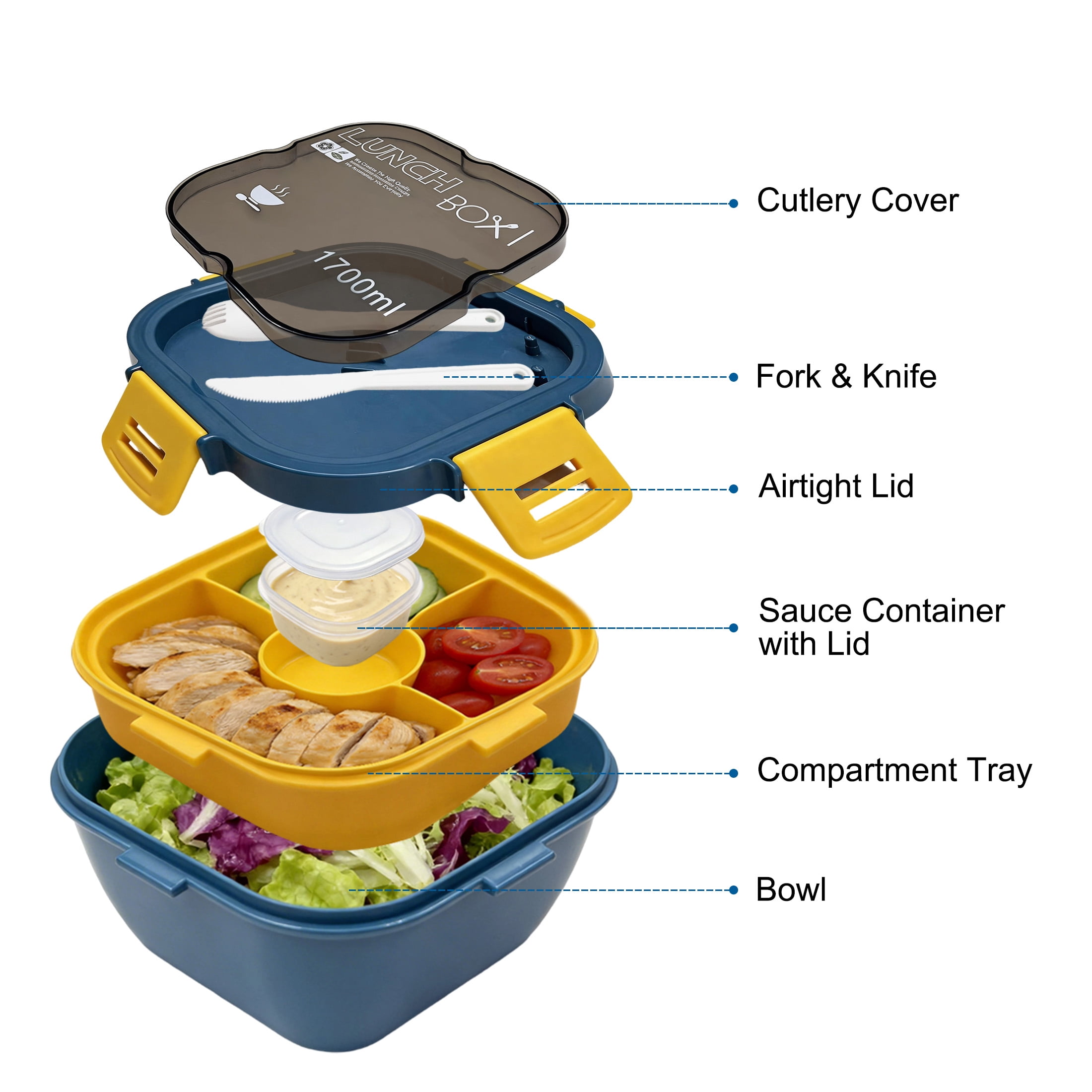 GARITIN Salad Container, 58 oz Bento Lunch Box with 4-Compartment Tray for Meal Prep
