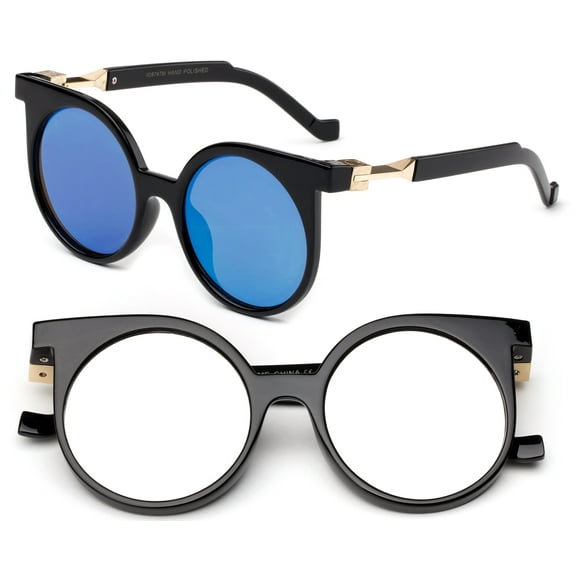 2 Pack Round Geometric Modern Classic Design Fashion Sunglasses with Flash Mirror Lens for Women