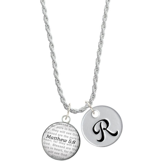 Delight Jewelry Silvertone Domed Matthew 5:8 Silvertone Script Initial Disc - R - Charm Necklace, 20"+3"