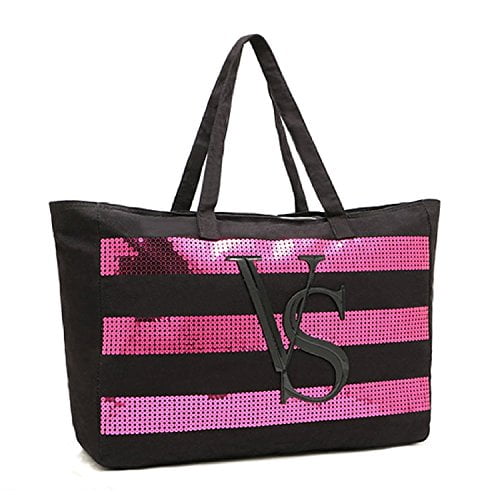 Victoria's Secret Black Canvas Tote Bag with Pink Sequin Stripes and Zipper  